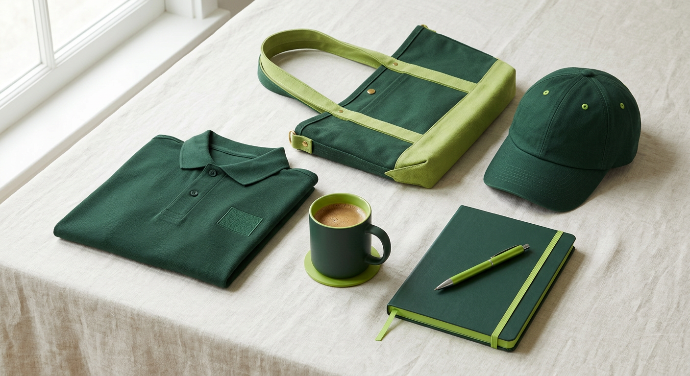 Branded polo shirt, tote bag, cap, mug and notebook in Afribay green