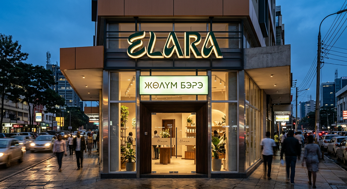 Illuminated shopfront signage at dusk