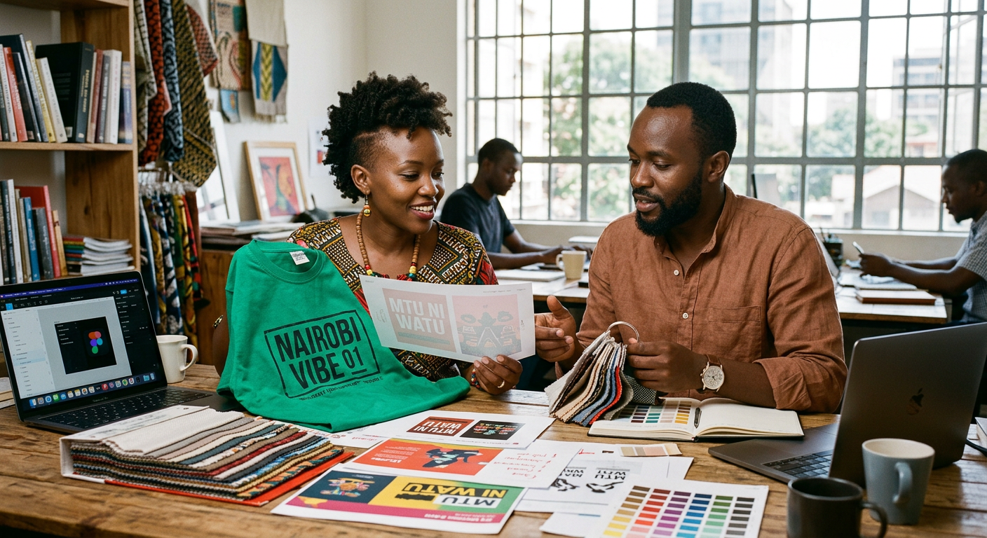 Afribay team reviewing fabric swatches and printed proofs
