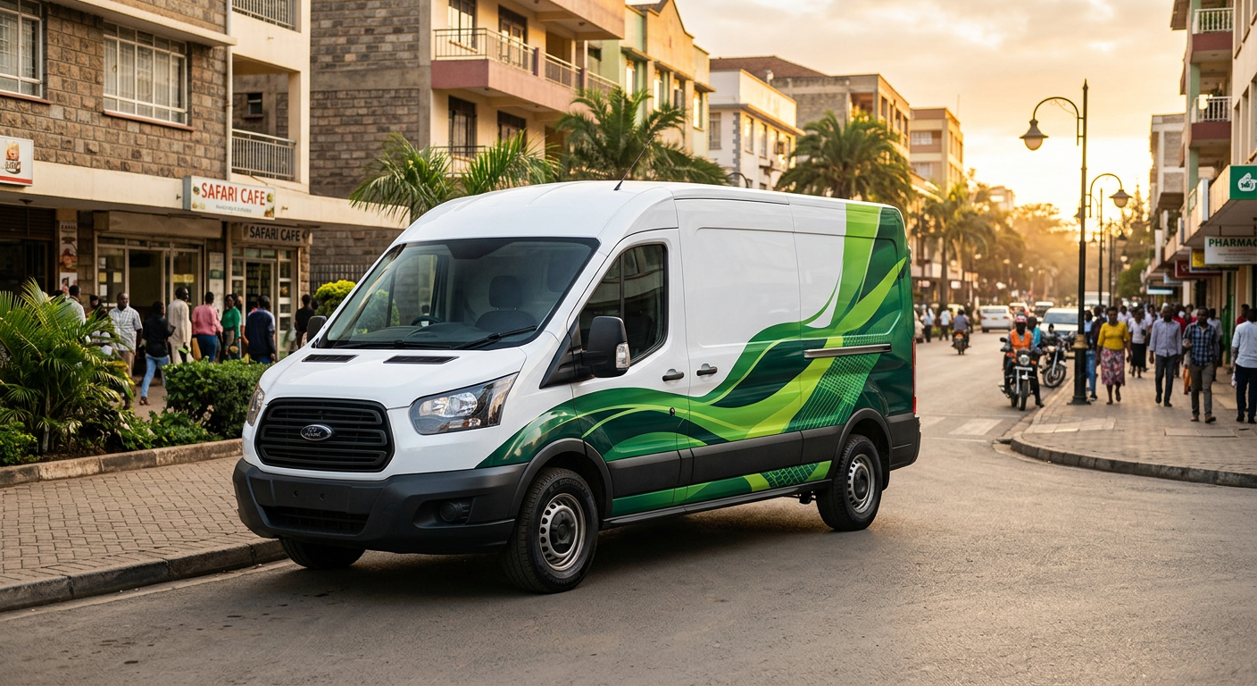 Delivery van with full green vehicle wrap